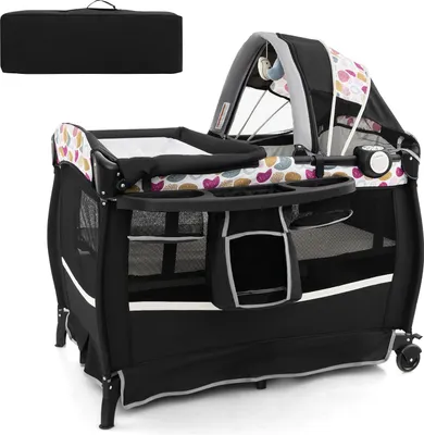 Produktbild von DREAMADE 4 in 1 Reisebett mit Matratze, 102 x 73 cm Babybett mit Rollen, Wickelauflage & Wiege, Klappbares Beistellbett Baby 0-36 Monate bis 15 kg (Kreis)