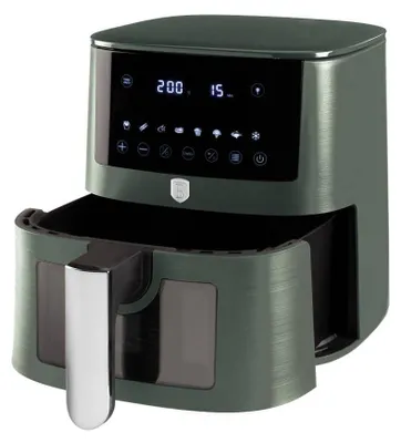 A digital air fryer with its basket pulled out, showing the control panel.