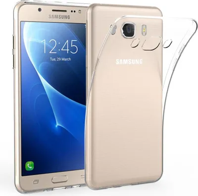 A gold Samsung Galaxy J7 2016 smartphone is shown with a transparent protective case.