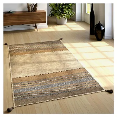 Produktbild von Naturteppich für das Wohnzimmer mit Fransen, handgewebter Kelim, 100% Baumwolle, Größe: 120x170 cm, Farbe: Beige