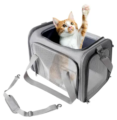 Produktbild von Flugtaugliche Katzentransportbox, Faltbare Transporttasche für Katzen mit verstellbarem Schultergurt, Tragfähigkeit 3-6 kg, für kleine bis mittelgroße Tiere
