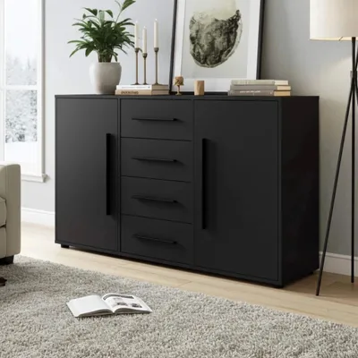 Produktbild von Modena K2D4SZ Kommode 150 cm – moderne Anrichte mit 4 Schubladen und 2 Türen, funktionaler Stauraumschrank für Wohnzimmer, Schlafzimmer und Flur (Schwarz)
