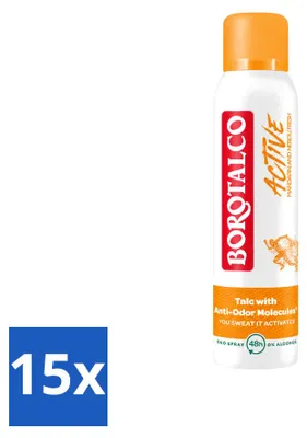 Image de 15 sprays déodorants Borotalco, parfum Active Mandarin & Neroli, format frais, 150 ml - Pack économique - 15 pièces