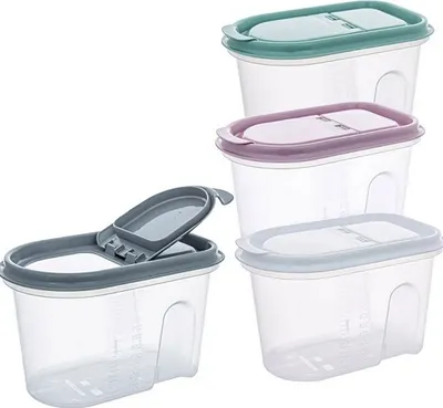 Four transparent storage containers with colored lids are arranged on a white background.