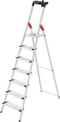 Produktbild von L80 ComfortLine Alu-Sicherheits-Stehleiter - 7 XXL-Stufen belastbar bis 150 kg - Tiefe Standfläche - Stehleiter mit Ablage - klappbare Aluleiter Germany - Leiter rostfrei - Silber