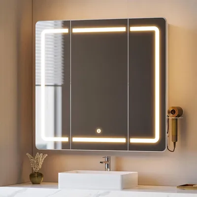 Image de Armoire de salle de bain avec miroir et éclairage LED, 3 couleurs, dimensions 16,5 x 75 x 80 cm