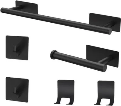 Immagine prodotto di Set di accessori da bagno autoadesivi - Set da bagno da 6 pezzi - Nero opaco - Portasciugamani - Portarotolo - Ganci - Portarasoio