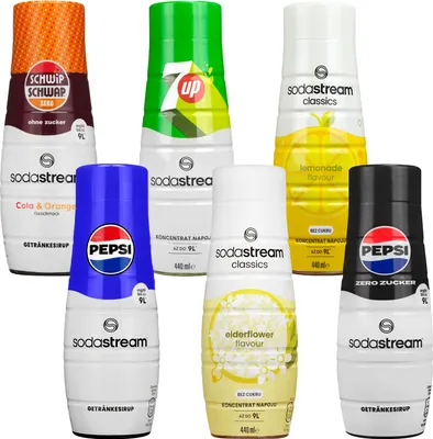 Image de Sirop SodaStream Pepsi, Pepsi Max Sugar Free, 7UP, Schwip Schwap Sugar Free, Elderflower Zero, Lemon Zero, 6 pièces