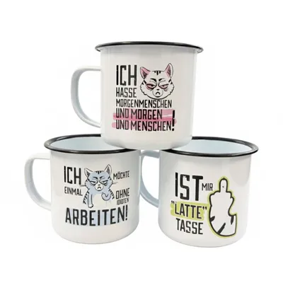 Produktbild von 3er Set Tasse Miesekatze Kaffeebecher 350 ml Metalltasse mit Henkel Kaffeetasse Teetasse Motiv Tasse Becher