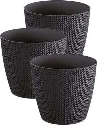 Image de 3 pots de fleurs noirs - crochetés - Serinova - Pots à herbes - Pots de fleurs avec drainage - 17 x 17 x 16 cm