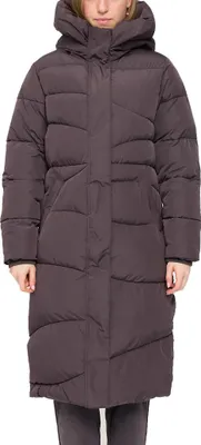 A person wearing a long puffer coat.