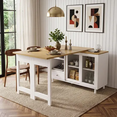 Produktbild von Flieks Ausziehbarer Klapp-Esstisch mit Stauraum, Esszimmertisch mit großem Stauraum, 360° drehbar, Küchentisch 120x40-107x75.5cm, Natur+Weiß
