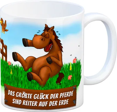 Produktbild von Kaffeebecher mit Pferd und Reiter Motiv und Spruch: Das größte Glück der