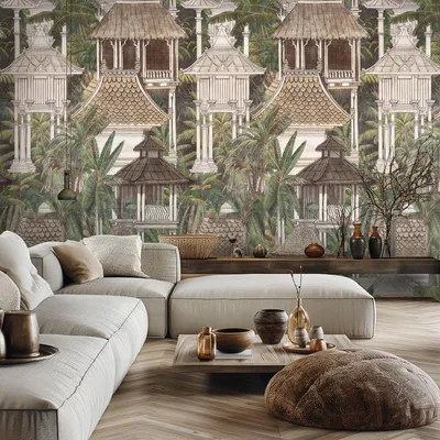 Productafbeelding van Profhome 790151-GU Fotobehang aziatisch stijl mat bruin groen 1,59 m x 2,8 m