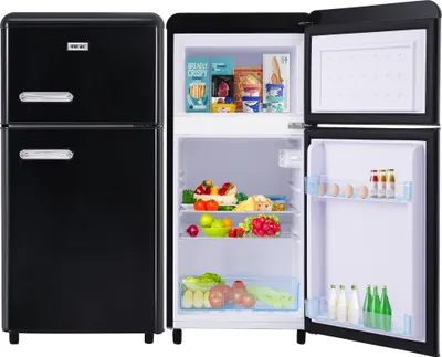 A black retro-style refrigerator with its doors open, showcasing its interior contents.