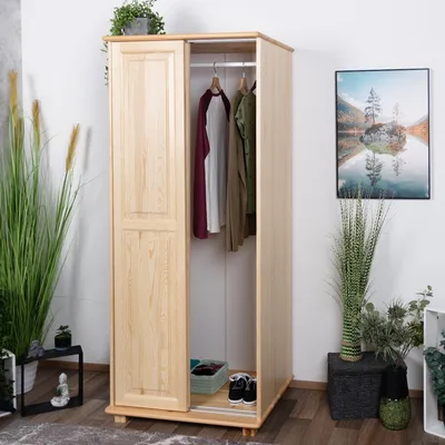 Produktbild von Kleiderschrank Kiefer Vollholz massiv natur 2-türig 190x80x60 cm mit Kleiderstange