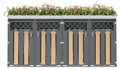 Image de Abri pour poubelles 4 compartiments, habillage pour poubelles, armoire à poubelles avec toit végétalisé, jardinière argentée, verrouillable, quatre portes, acier galvanisé, aspect bois, usage extérieur