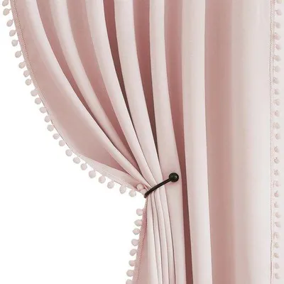 Obrázok produktu pre Uniqoos® 2-dielna sada zatemňovacích závesov s pompomami, ružová farba, 140x225 cm, s okami, 100% mikrovlákno polyester – zatemňovacie, tepelne izolujúce, zabezpečujú súkromie