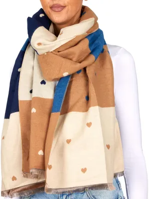 Immagine prodotto di Sciarpa da donna BRUBAKER Cashmirillo con motivo a cuore - 70 x 200 cm - Calda, accogliente e oversize - Sciarpa da donna per l'autunno e l'inverno, blu, marrone e beige