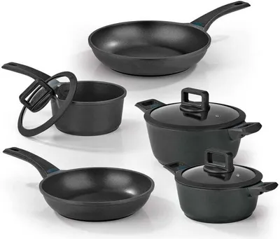 Produktbild von N8WERK Aluguss-Topf- und Pfannen-Set in Midnight Edition 8-Teilig Temperaturanzeige alle Herdarten auch Induktion 3-Fach Ilag-Ultimate-Beschichtung