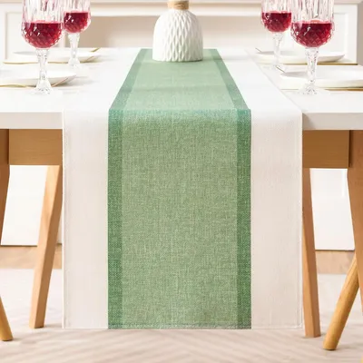 Productafbeelding van Tafelkleed, saliegroen, 40x140 cm, katoen en linnen, gestreept, afwasbaar