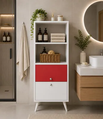 Immagine prodotto di Homidea Naz: mobile da bagno con ante e ripiani aperti - Mobile multiuso per bagno, cucina e soggiorno (bianco/rosso)