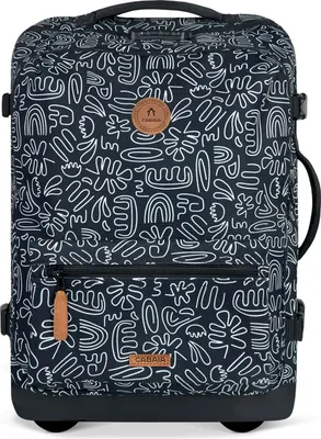 A black suitcase with a white abstract pattern and a brown logo.