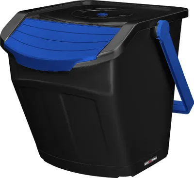 A black trash can with a blue lid and handle, shown from a three-quarter angle against a white background.