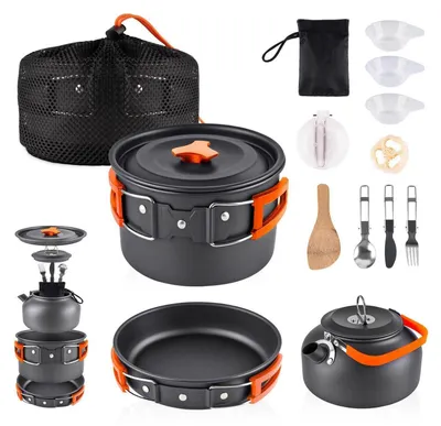 Obrázek produktu pro Sada nádobí pro kempování, 12 kusů, hliník, oranžová barva, vhodné pro outdoorové použití