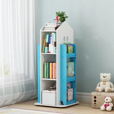 Produktbild von Livingandhome Drehbares Bücherregal für Kinder in Hausform – weiß & blau, 41 x 41 x 95 cm, WPC