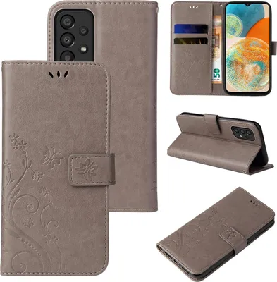 Produktbild von Handyhülle für Samsung Galaxy A23 5G Floral Blumen Schmetterling Flip Cover Hülle Case Klapphülle Handytasche Farbe: Grau