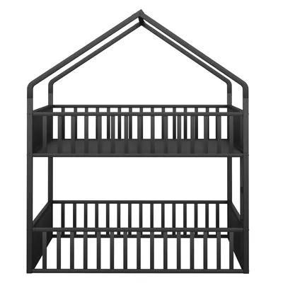 Produktbild von Merax Etagenbett 140x200cm mit Schutzgitter, Haus-Design mit Tür, Kinderbett Metallbett mit Treppe, Doppelbett stabil & sicher, Schwarz