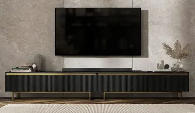 Produktbild von TV-Ständerschrank SELENE von Lindner Möbel – viertürig – 280 x 44 x 35 cm - Farbe: Schwarz matt - Italienische Tiefmattfolie