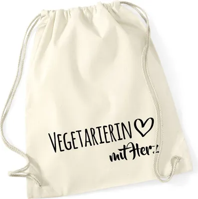 Produktbild von Huuraa Turnbeutel Vegetarierin mit Herz 12 Liter Natural Baumwolle Rucksack Geschenkidee