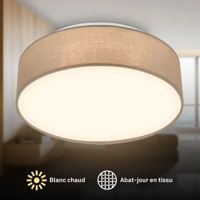 Image de Briloner Plafonnier LED abat-jour en tissu Ø38x10,5 cm rond 24W 2600lm 3 000K blanc chaud taupe - Lustre salon chambre cuisine couloir