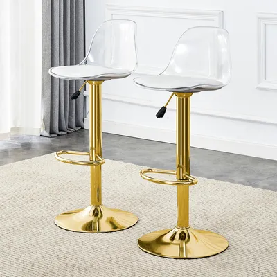 Produktbild von MODFU 2er-Set Barhocker mit Höhenverstellbar von 82-104 cm,Drehstuhl mit 360° drehbar, Esszimmerstuhl mit Transparente Rückenlehne und Goldfarbene Metallbeine