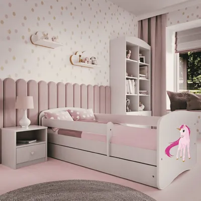 Produktbild von Kinderbett 160x80 mit Matratze, Rausfallschutz, Lattenrost & Schublade in weiß 80 x 160 Mädchen Bett rosa Einhorn