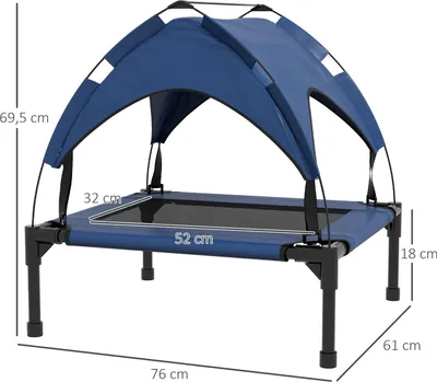 Produktbild von Erhöhtes Hundebett mit Baldachin, Haustierbett, Outdoor Hundeliege mit Dach, Atmungsaktiv, für kleine und mittelgroße Hunde Dunkelblau Oxford 76 x 61 x 69,5 cm