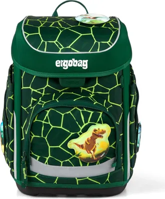 A green backpack with a dinosaur design and the brand name 'ergobag' visible.