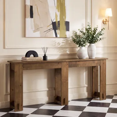 Image de Table console en bois massif de 200 cm, table d'appoint en bois de pin massif à 100 %, table avec 6 pieds, table d'entrée de style rustique pour couloir, salon, couleur marron