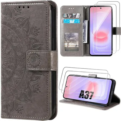 Image de Coque + 2 Verres Trempés pour Samsung Galaxy A37 5G, Anti-Rayure Synthécuir Marron Motif Mandala