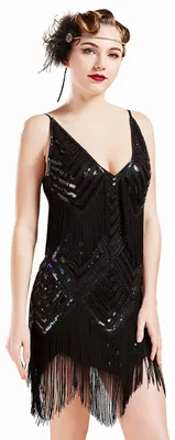 Produktbild von Flapper-Kleid V-Ausschnitt - 20er Jahre Stil - Ärmellos - Hochwertiges Polyester mit Pailletten