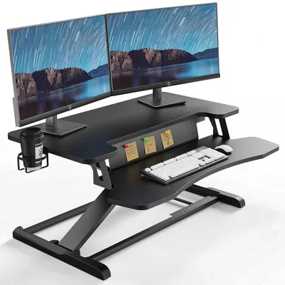 Produktbild von Höhenverstellbarer Steh-Sitz-Schreibtisch Konverter 37 Zoll mit Tastaturablage, zweistufiger Schreibtischaufsatz bis 15 kg, Schwarz