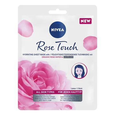 Produktbild von NIVEA Rose Touch Hydrating Feuchtigkeitsspendende Tuchmaske, Feuchtigkeitsspendende Maske, Frauen, Jeder Hauttyp, Feuchtigkeitsspendend, Auffrischend, Blätter, Hyaluronsäure
