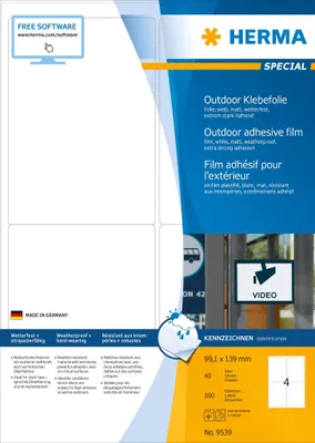 Obrázok produktu pre HERMA 9539, Biela, Obdĺžnik, A4, Polyetylen, Matte, Laser