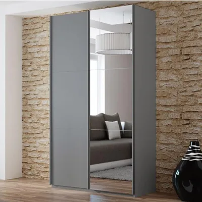 Produktbild von Krudox PRV Kleiderschrank Schiebetür Graphit 122 cm mit Spiegel 2 Kleiderstangen Schlafzimmer Schrank