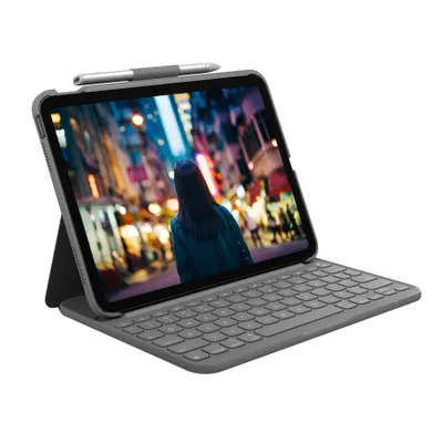 Produktbild von Logitech Slim Folio - Tastatur und Foliohülle - kabellos - Bluetooth LE - QWERTZ - Schweiz - Oxford Gray - für Apple 10.2-inch iPad, 10.5-inch iPad Air, 10.9-inch iPad, 9.7-inch iPad