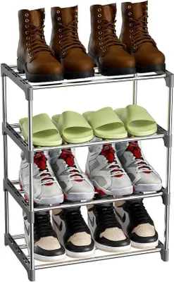 Produktbild von Metallenes Schuhregal mit 4 Ebenen, leicht und stapelbar für 8 Paar Schuhe - Grau