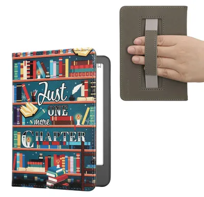 Produktbild von kwmobile Schutzhülle für Amazon Kindle (2022/2024) Hülle - eReader Flip Case mit Handschlaufe und Auto Sleep Funktion - Bibliothek Motto mit