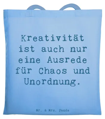Produktbild von Mr. & Mrs. Panda Shopping Tasche Spruch Kreativität und Chaos - Sky Blue - Geschenk, Gefühl, Einkaufstasche, Stoffbeutel, Liebe, totebag, Tote Bag, kreative Sprüche